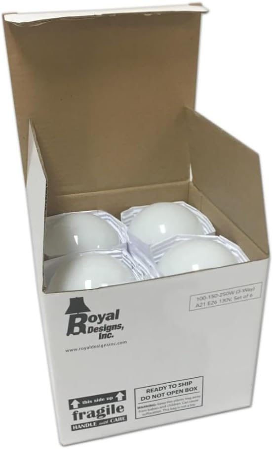 Royal Designs, Inc. 3 Way 100 150 250 Watts Incandescent A19 Light Bulb, E26 Medium Brass Base, Set of 4, LB-1006-4