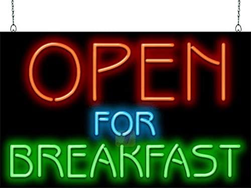 Open for Breakfast Neon Sign - Large Size - 32" wide x 20" high - Real, Quality Hand Bent Neon Sign - Red, Blue & Green Letters