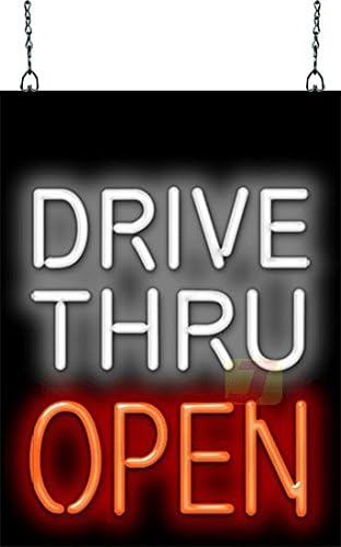 Drive Thru Open Neon Sign - 15" wide x 20" high - Real, Quality Hand Bent Neon - White & Red Letters