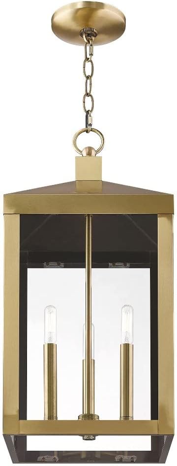 Livex Lighting Lantern 20587-01 Transitional Three Light Outdoor Pendant from Nyack Collection Finish, 10.50 inches, 24.00x10.50x10.50, Antique Brass