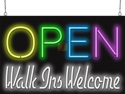 Open Walk Ins Welcome Neon Sign - Large Size - 32" wide x 20" high - Real, Quality Hand Bent Neon Sign - Yellow, Green, Blue & Purple & White Letters
