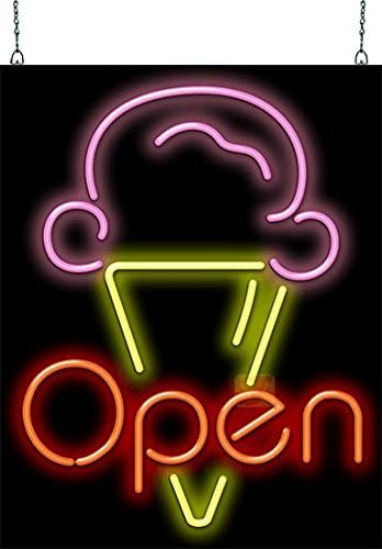 Ice Cream Open Neon Sign - Large Size - 24" wide x 30" high - Real, Quality Hand Bent Neon Sign - Red Letters with a Pink & Yellow Ice Cream Cone Design