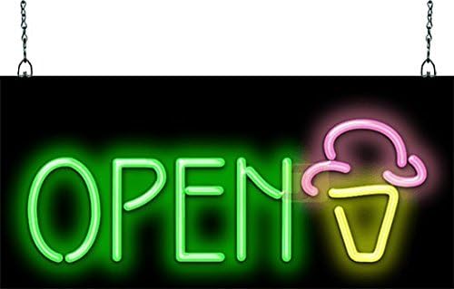 Ice Cream Open Neon Sign - Compact Size - 24" wide x 11" high - Real, Quality Hand Bent Neon Sign - Bright Green Letters with a Pink & Yellow Ice Cream Cone Design