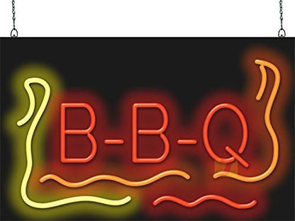 BBQ Neon Sign - Large Size - 32" wide x 20" high - Real, Quality Hand Bent Neon Sign - Red Letters with a Yellow, Orange & Red Fire Graphic