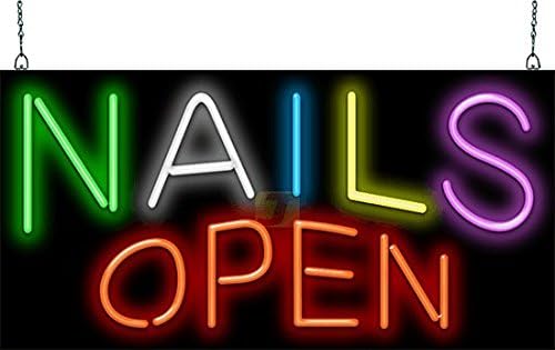 Nails Open Neon Sign - Large Size - 32" wide x 16" high - Real, Quality Hand Bent Neon Sign - Green, White, Blue, Yellow, Purple & Red Neon Letters
