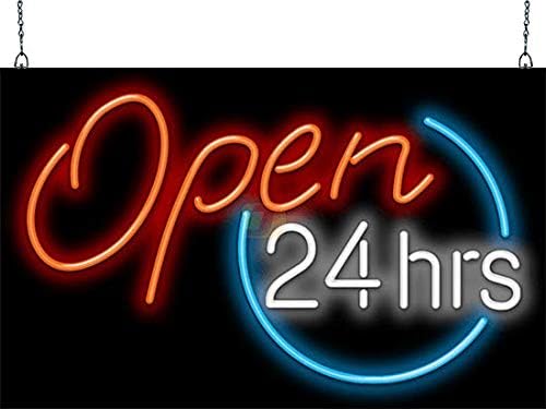 Open 24 Hours Neon Sign - Large Size - 32" wide x 20" high - Real, Quality Hand Bent Neon Sign - Red & White Letters with a Blue Circle Design