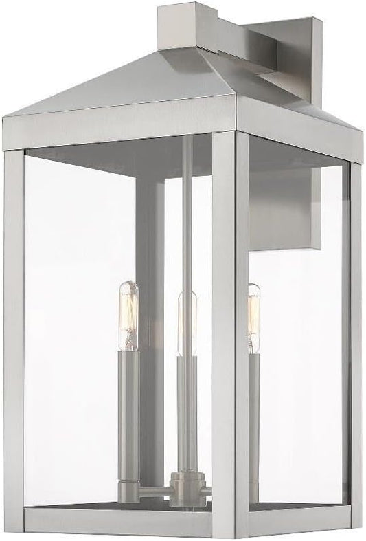 Livex 20585-91 Transitional Three Light Outdoor Wall Lantern from Nyack Collection in Pwt, Nckl, B/S, Slvr. Finish, Brushed Nickel
