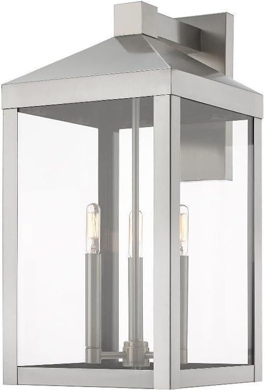 Livex 20585-91 Transitional Three Light Outdoor Wall Lantern from Nyack Collection in Pwt, Nckl, B/S, Slvr. Finish, Brushed Nickel