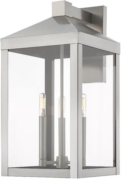Livex 20585-91 Transitional Three Light Outdoor Wall Lantern from Nyack Collection in Pwt, Nckl, B/S, Slvr. Finish, Brushed Nickel