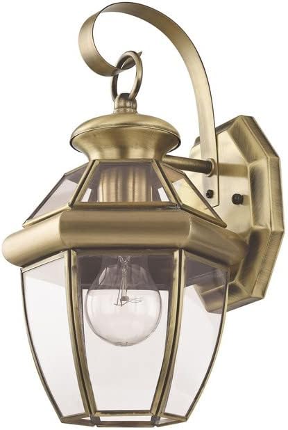 Livex Lighting 2051-01 Monterey 1 Light Outdoor Antique Brass Finish Solid Brass Wall Lantern with Clear Beveled Glass