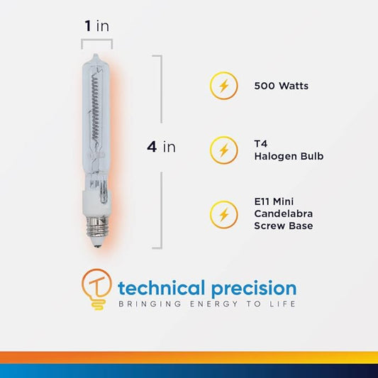 Technical Precision Replacement for Osram Sylvania 500q/cl/mc(eyw) 130v Light Bulb T4 Halogen Tungsten 500w Halogen Work Light Bulb with E11 Minicandelabra Screw Base - 2 Pack