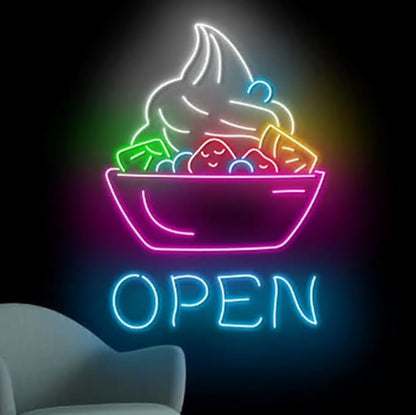 Yogurt Open Neon Sign, Frozen Yogurt Led Sign,Yogurt Bowl Neon Light, Yogurt Store Wall Art Décor Size:20inch