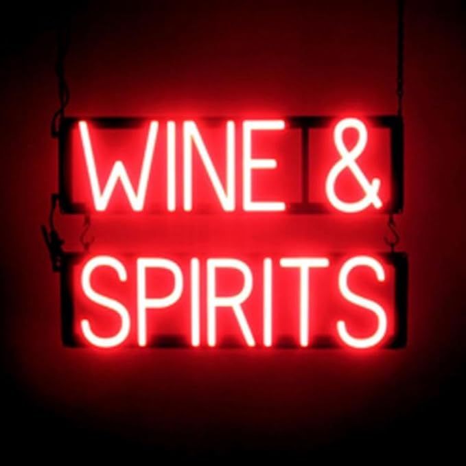 SpellBrite WINE & SPIRITS Sign | Wine-Related Sign with Neon Look, Red LED Light Source | 22.4" x 15.0"