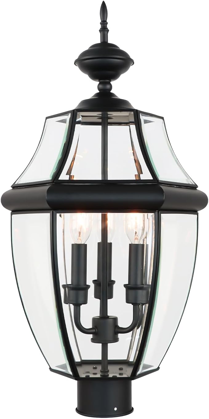 Kalium Outdoor Post Lights, 3 Light Lamp Post Light Fixture Hardwired with Clear Beveled Glass, 23" Large Waterproof Lamp Pillar Fixtures for Yard Pathway Porch Patio 60W Matte Black