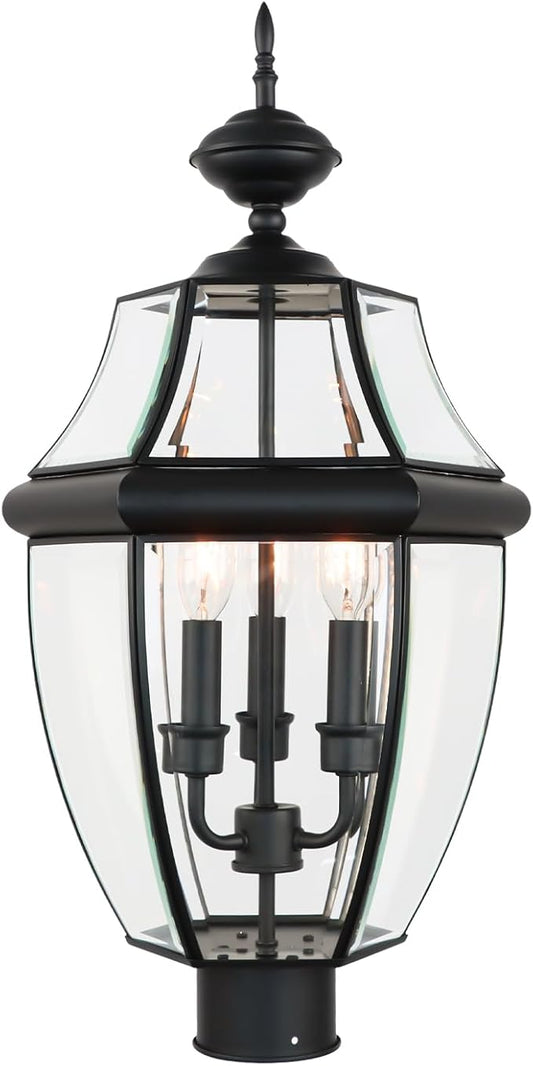 Kalium Outdoor Post Lights, 3 Light Lamp Post Light Fixture Hardwired with Clear Beveled Glass, 23" Large Waterproof Lamp Pillar Fixtures for Yard Pathway Porch Patio 60W Matte Black