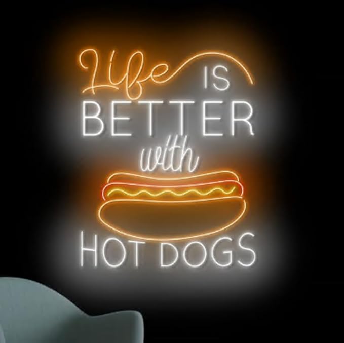 Life Is Better With Hot Dog Neon Sign For Fast Food Restaurant Wall Decor, 23" Hot Dog Shop Wall Art, Street Food Led Light