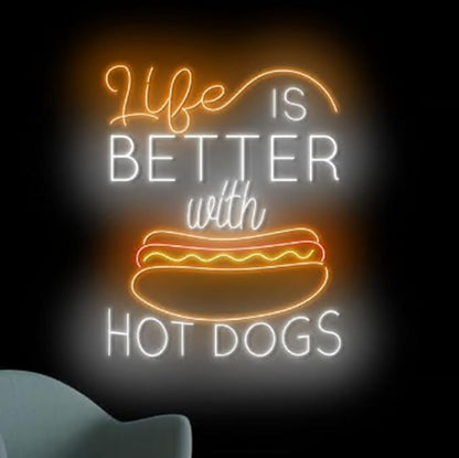 Life Is Better With Hot Dog Neon Sign For Fast Food Restaurant Wall Decor, 23" Hot Dog Shop Wall Art, Street Food Led Light