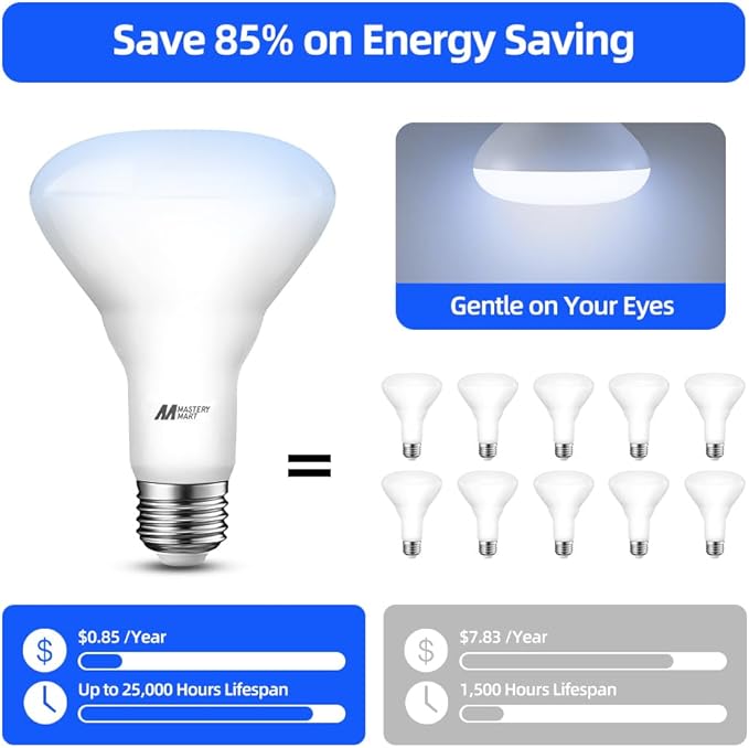 MASTERY MART 12 Pack BR30 LED Bulbs, 65W Equivalent, 10W 5000K Daylight, 700 Lumens, Flicker-Free, Dimmable Flood Lights for Home, Kitchen Long Lasting & Energy Efficient, E26 Base, UL Listed
