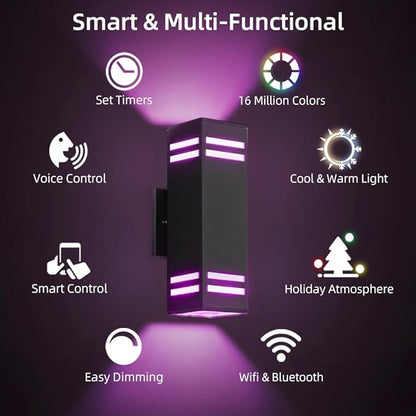 SHIMR Modern RGB Wall Lights Exterior Lights for House, Color Changing Outdoor Sconce Lights with Remote Control, Black Outdoor Light Fixture for House Porch Garage Compatible with Alexa [ETL Listed]