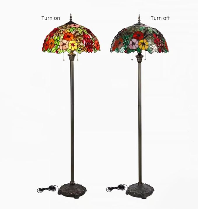 Tiffany Flower Floor Lamp Vintage Glass Standing Lamp with Pull Chain Traditional Stained Glass Floor Standing Reading Lights for Living Room Bedroom Farmhouse - Handmade Floral Lampshade
