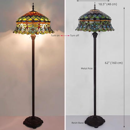 Tiffany Floor Lamp with Bead Jewel Glass Vintage Standing Lamp with Pull Chain Traditional Stained Glass Floor Reading Light for Living Room Bedroom Farmhouse - Handmade Art Glass Shade