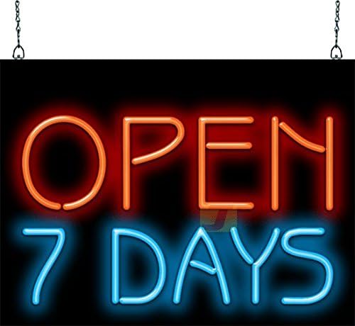 Open 7 Days Neon Sign - 24" wide x 18" high - Real, Quality Hand Bent Neon Sign - Bright Red & Blue Letters