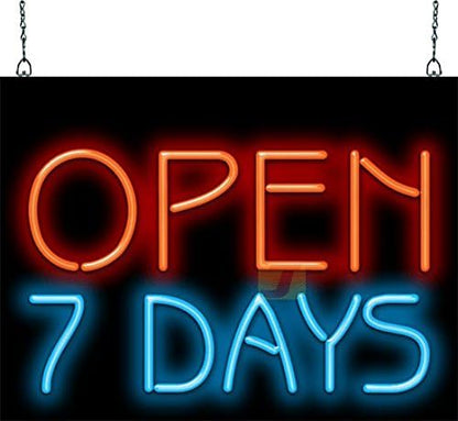 Open 7 Days Neon Sign - 24" wide x 18" high - Real, Quality Hand Bent Neon Sign - Bright Red & Blue Letters