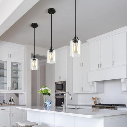 3 Lights Industrial Pendant Light with Glass Shade Matte Black Pendant Lighting Adjustable Industrial Retro Style Hanging Light,Kitchen Island Farmhouse Pendant Lights Fixtures for Kitchen,Farmhouse