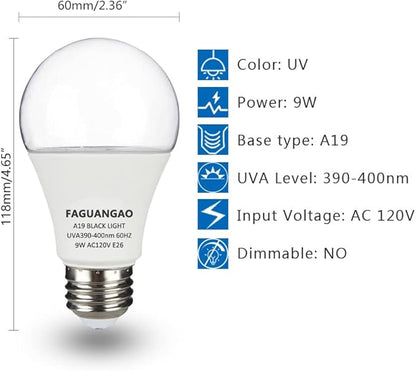 FAGUANGAO LED Black Light Bulb,9W(75Watt Equivalent) A19 UV Blacklight Bulb,120V,UVA Level 390-400nm,E26 Medium Base,Glow in The Dark for Blacklight Party,Fluorescent Poster,Neon Glow,4 Pack