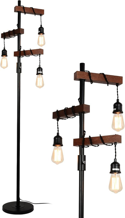 Airposta Industrial Floor Lamp, Farmhouse Tree 68 Inch 3 Lights Wood Standing Lamp, Sturdy Base Tall Vintage Metal Black Pole Light for Living Room Bedroom Office Rustic Home
