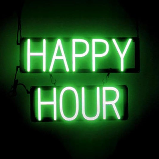 SpellBrite HAPPY HOUR Sign | Food-Related Sign with Neon Look, Green LED Light Source | 21.0" x 15.0"