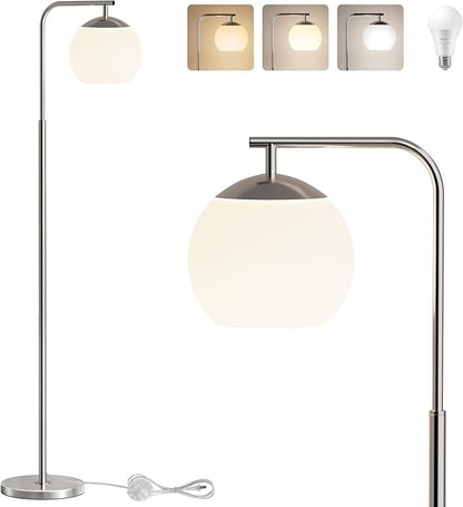 Modern Floor Lamps with Globe Shade, 3 Color Temperatures & Foot Switch, Mid Century Standing Lamp Tall for Bedroom, Living Room, Office, Silver
