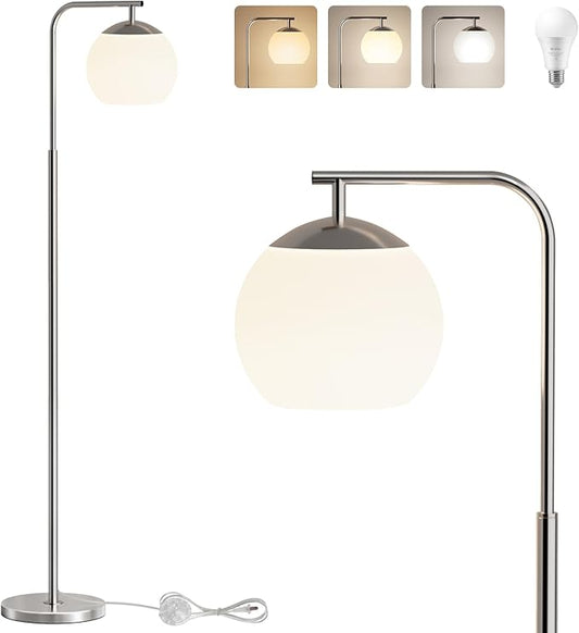 Modern Floor Lamps with Globe Shade, 3 Color Temperatures & Foot Switch, Mid Century Standing Lamp Tall for Bedroom, Living Room, Office, Silver