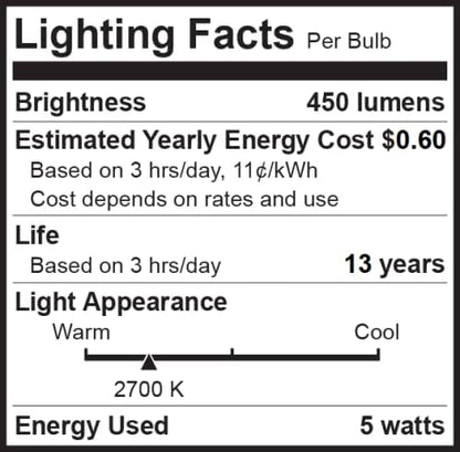 Bioluz LED 40 Watt A19 Light Bulbs Uses 5W Dimmable Filament Style Edison Light Bulbs, 2700K Warm FCC UL RoHS Title 20 90 CRI 6-Pack