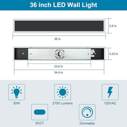 2-Pack 36inch Long Outdoor Modern LED Wall Light, Exterior LED Wall Lighting Fixture, IP65 Waterproof Wall Lamps, Dimmable 30W 2700LM Black Wall Sconce, 3000K/4000K/5000K Selectable, ETL