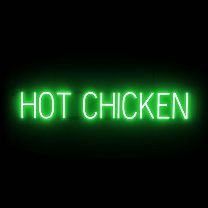 SpellBrite HOT CHICKEN Sign | Food-Related Sign with Neon Look, Green LED Light Source | 38.6" x 6.3"