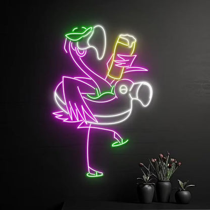 Custom Flamingo Drinking Beer Led Sign, Flamingo Chill Neon Light, Flamingo Pool Party Neon Sign,Flamingo Pool Toy Led Light Room Wall Decor Size:20inches
