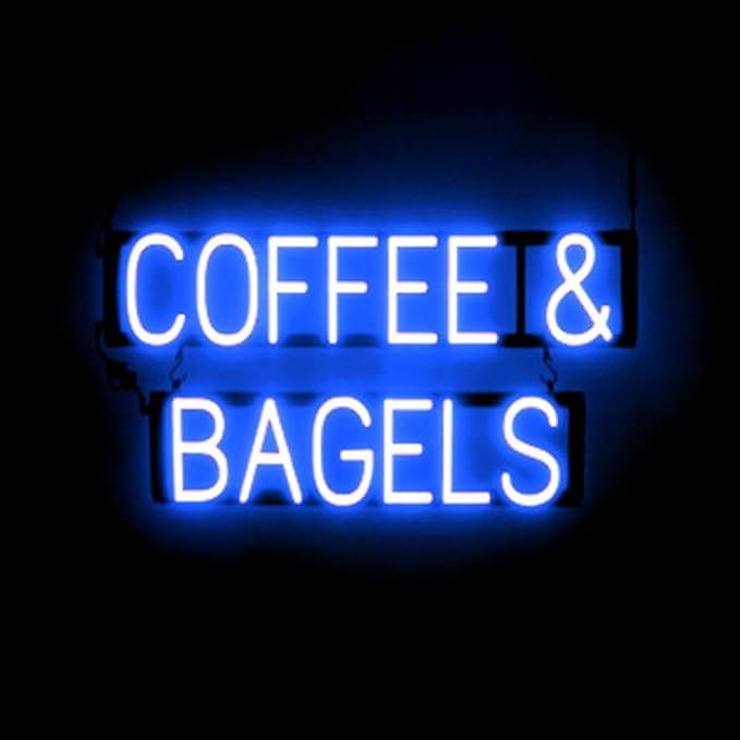 SpellBrite COFFEE & BAGELS Sign | Cafe-Related Sign with Neon Look, Blue LED Light Source | 28.8" x 15.0"