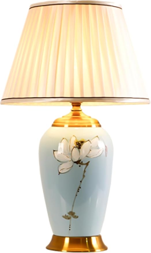 Blue Ceramic Table Lamp with White Fabric Lamp Shade Vintage Lamps with Flower and Bird Patterns，Traditional Home Decor Ceramic Table Lamp for Living Room Bedroom Nightstand Home Office