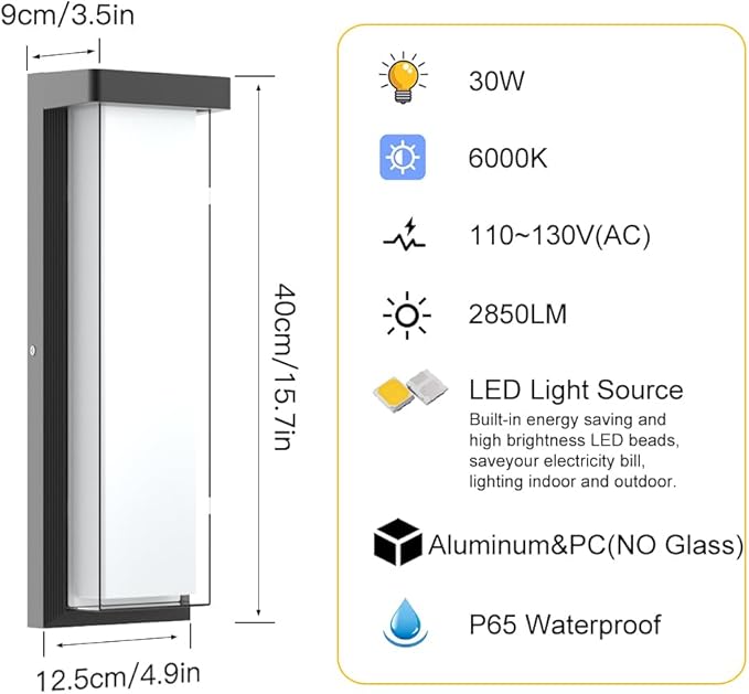 Sytmhoe LED Outdoor Wall Light Fixture,16in Dimmable Modern Porch&Patio Wall Light Fixture,6000K Black Exterior Sconce Light Mounted for House Garage Porch Courtyard(2Packs)