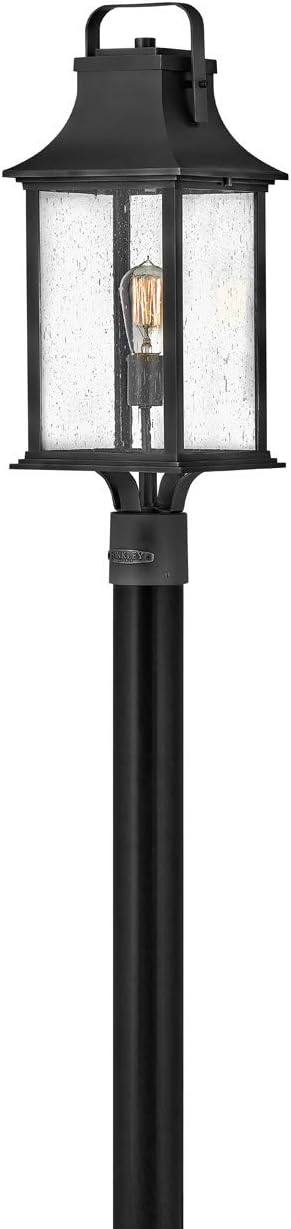Hinkley Grant Collection One Light Medium Outdoor Post Mount, Textured Black w/Clear Seedy Glass