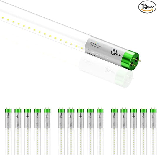 LEDMyplace18W 4ft Hybrid LED Tube Light, 6500K Daylight White, 2400 Lumens, Clear Lens, T8 Single/Double End, Replace 50W, Ballast Compatible Bypass for Supermarkets, Parking, Pack of 15