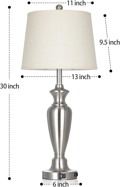 30" Tall Silver Table Lamp for Living Room, 3-Way Dimmable Touch Control Bedside Lamp for Bedroom Nightstand with USB A+C Ports & AC Outlet (1 Pack)