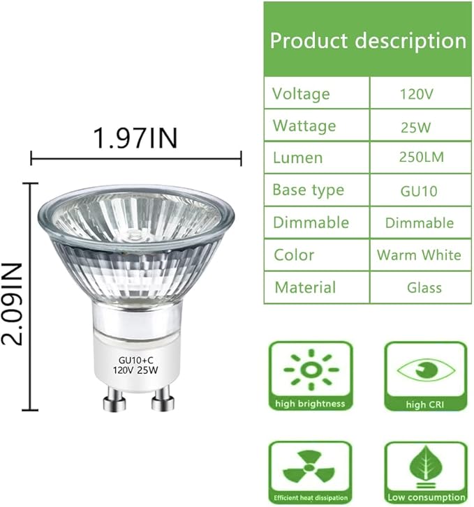 GU10 120V 25W Halogen Bulb MR16 Glass Cover GU10+c Bulb 2700k Warm White Dimmable, 25W Replacement Bulb for Wax Burner Light Bulb, Candle Warmer Bulbs, Scentsy Warmers (4 Pack)