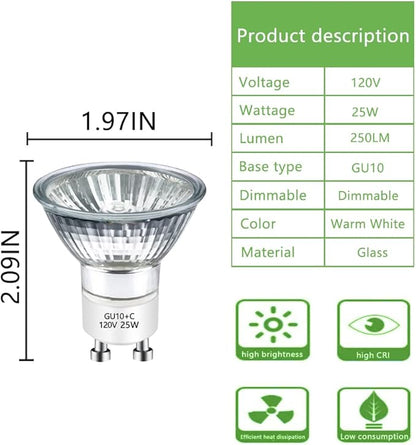 GU10 120V 25W Halogen Bulb MR16 Glass Cover GU10+c Bulb 2700k Warm White Dimmable, 25W Replacement Bulb for Wax Burner Light Bulb, Candle Warmer Bulbs, Scentsy Warmers (4 Pack)