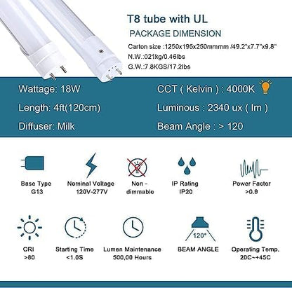 H&B Luxuries 4FT LED T8 Ballast Bypass Type B Light Tube, 18W, Single-Ended & Dual-Ended Connection, 2340LM, G13 Base,T8 T10 T12 Fluorescent Bulbs Replacement, UL & DLC - 4000K (40Pcs)