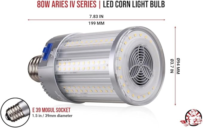RuggedGrade Aries IV Series 80W LED Corn Light Bulb | 11,600 Lumens | 5000K Bright White | E39 Base | 277-480V High Voltage | Energy Efficient LED Light | DLC 5.1 Premium