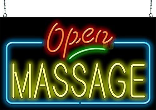 Massage Open Neon Sign - Very Large Size - 37" wide x 22" high - Real, Quality Hand Bent Neon Sign - Red & Yellow Letters with Blue & Green Accent Lines