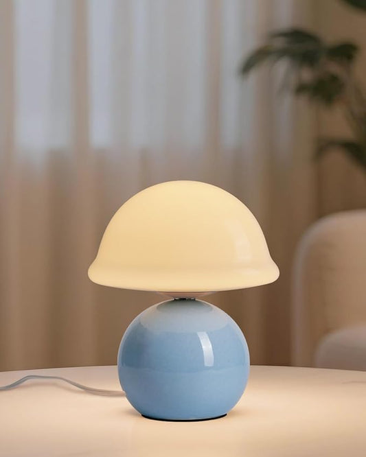 Mushroom Table Lamp for Bedroom, Cozy Bedside Lamp with Glass Shade, Stepless Dimmable Nightstand Lamp for Relaxing Bedroom Decor & Aesthetic Home (Blue)
