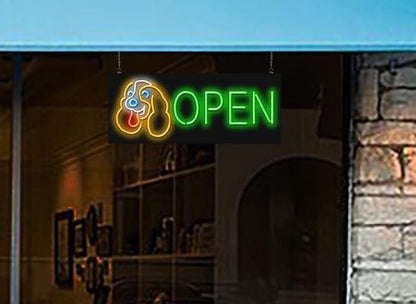 Dog Open Neon Sign - Large Size - 32" wide x 13" high - Real, Quality Hand Bent Neon Sign - Green Letters with a Orange, White, Blue & Red Dog Design
